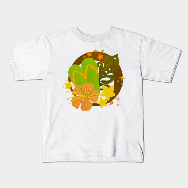Tropical flip flops badge - orange and green Kids T-Shirt by Home Cyn Home 